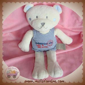 TAPE A L'OEIL DOUDOU OURS ECRU BARBOTEUSE RAYE BLEU SUBMARINE SOS