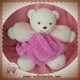 KALOO SOS DOUDOU OURS BLANC CORPS ROSE FUSHIA PLUME 28 CM