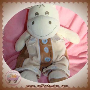 TAKINOU DOUDOU HIPPOPOTAME ECRU SALOPETTE BEIGE ET BLEU HYPOLITHE 24 CM SOS