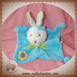 MAXITA DOUDOU LAPIN BLANC PLAT BLEU VERT FLEUR SOS