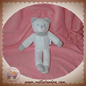 JACADI DOUDOU OURS BLANC VICHY GRIS SOS