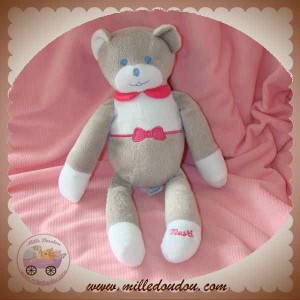 MUSTI MUSTELA DOUDOU OURS GRIS BLANC COL NOEUD ROSE SOS