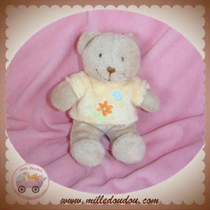 TEX SOS DOUDOU OURS BEIGE PULL JAUNE FLEUR 16 CM