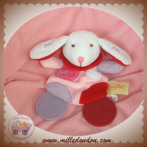 BABYNAT BABY NAT DOUDOU LAPIN BLANC PLAT ROSE ANNEAU DENTITION SOS