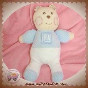 NOUNOURS DOUDOU OURS ECRU HAUT BLEU BLANC BEBE HOCHET SOS