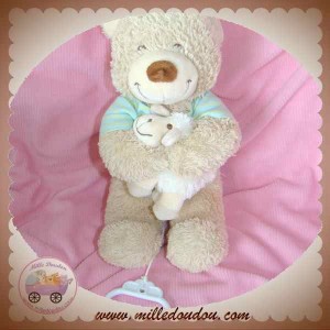 TEX DOUDOU OURS BEIGE MUSICAL MOUTON HAUT RAYE VERT SOS