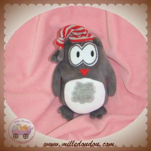 TAPE A L'OEIL DOUDOU HIBOU GRIS BONNET RAYE ROUGE SOS