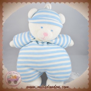 LUMINOU DOUDOU SOS OURS BLANC RAYE BLEU BONNET JEMINI