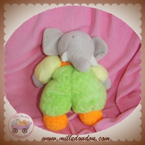 NOUNOURS DOUDOU ELEPHANT GRIS CORPS VERT ORANGE 20 CM SOS