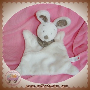 NICOTOY DOUDOU LAPIN PLAT RECTANGLE BLANC TAUPE FOULARD SOS