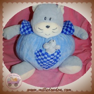 AJENA SOS DOUDOU CHAT GRIS BOULE BLEU COEUR VICHY