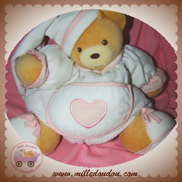 Doudou Ours rose coeur vert Mon Doudou 32 cm Nounours chez vous des demain