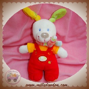 NICOTOY DOUDOU LAPIN CHIEN BLANC HAUT ORANGE SALOPETTE ROUGE SOS