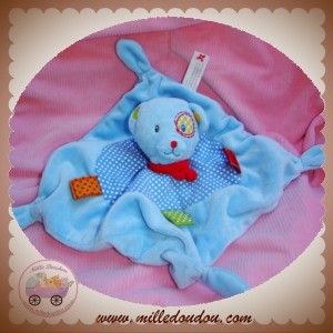 NICOTOY DOUDOU OURS PLAT BLEU ETIQUETTES POINT BLANC SOS