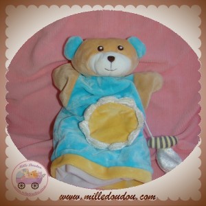 AJENA SOS DOUDOU OURS BEIGE PLAT MARIONNETTE BLEU FLEUR JAUNE