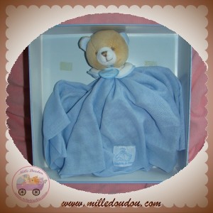 SOS DOUDOU ET COMPAGNIE OURS BEIGE PLAT LANGE TISSU BLEU