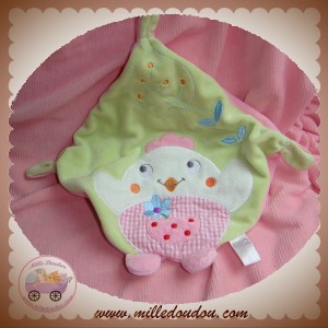 NICOTOY SOS DOUDOU MOUCHOIR PLAT POULE OISEAU VERT ROSE FLEUR