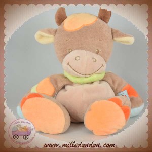 NATTOU SOS DOUDOU VACHE GIRAFE MARRON BEIGE TACHE ORANGE BANDANA VERT