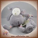 DIMPEL SOS DOUDOU MOUTON ANICE GRIS AVEC MOUCHOIR PLAT RAYE TISSU ROSE VERT