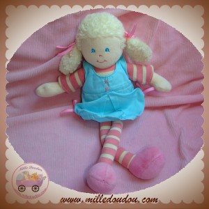 AJENA SOS DOUDOU POUPEE BLONDE RAYE ROSE ROBE BLEU