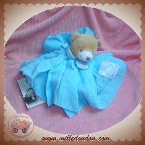 SOS DOUDOU ET COMPAGNIE OURS BEIGE PLAT LANGE TISSU BLEU TURQUOISE