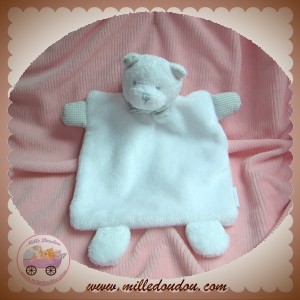 JACADI DOUDOU OURS BLANC PLAT NOEUD VICHY BEIGE GRIS SOS