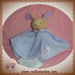 SOS DOUDOU ET COMPAGNIE LAPIN BEIGE PLAT LANGE TISSU BLEU VIOLET