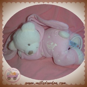 NICOTOY SOS DOUDOU OURS BLANC ALLONGE DEGUISE EN LAPIN ROSE FLUORESCENT MUSICAL