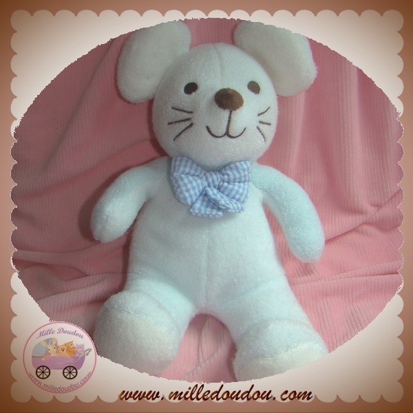 doudou peluche LUMINOU Souris bleu noeud vichy