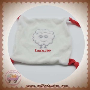 BRIOCHE SOS DOUDOU MOUCHOIR PLAT BLANC MOUTON NUAGE NOEUD ROUGE