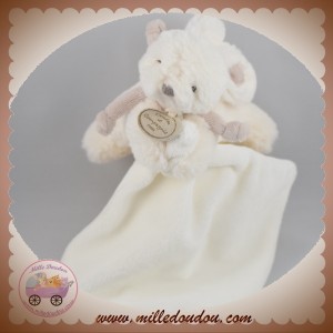 DOUDOU ET COMPAGNIE SOS LAPIN BONBON ALLONGE BLANC TAUPE MOUCHOIR