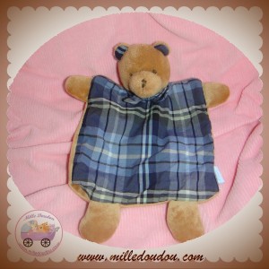 JACADI SOS DOUDOU OURS MARRON PLAT TISSU RAYE BLEU