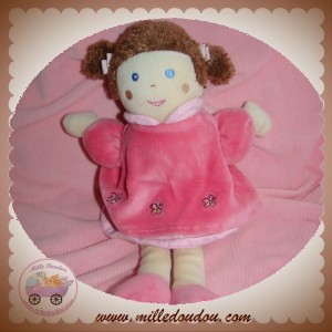 NOUNOURS SOS DOUDOU POUPEE BRUNE ROBE ROSE FLEURS