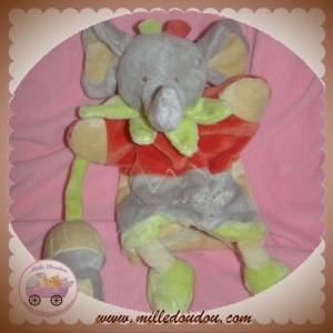 DOUDOU ET COMPAGNIE SOS ELEPHANT MARIONNETTE GRISE ROUGE HUTTE HOCHET BOUCLETTE