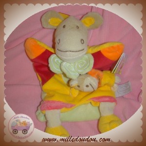 DOUDOU ET COMPAGNIE SOS ANE MARIONNETTE JAUNE ROUGE AVEC BEBE BOUCLETTE