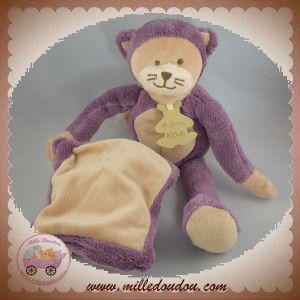 HISTOIRE D'OURS SOS DOUDOU CHAT BEIGE VIOLET MAUVE MOUCHOIR