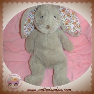 COTTON BLUE SOS DOUDOU LAPIN POIL GRIS TAUPE OREILLES FLEURS