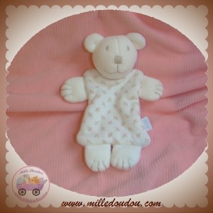 JACADI SOS DOUDOU OURS BLANC PLAT TISSU FLEUR ROSE