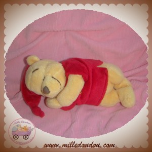 DISNEY SOS DOUDOU OURS WINNIE JAUNE ALLONGE HABIT ROUGE