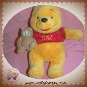 DISNEY SOS DOUDOU OURS WINNIE L'OURSON JAUNE PULL ROUGE BEBE MARRON