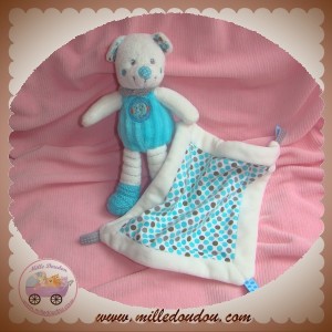 NICOTOY SOS DOUDOU OURS BLANC CORPS BLEU LAINE OISEAU MOUCHOIR ROND