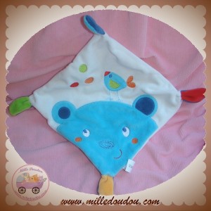 NICOTOY SOS DOUDOU MOUCHOIR PLAT BLANC OURS SOURIS BLEU OISEAU