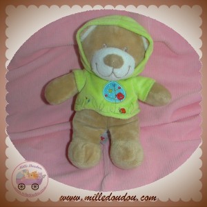 NICOTOY SOS DOUDOU OURS BEIGE SWEAT CAPUCHE VERT OISEAU