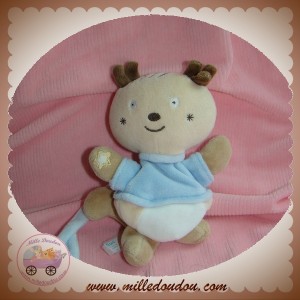 SUCRE D'ORGE SOS DOUDOU ECUREUIL BEIGE PULL BLEU ATTACHE TETINE