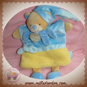 DOUDOU ET COMPAGNIE OURS BEIGE MARIONNETTE BLEU JAUNE GRAINE DE BOUILLOTTE