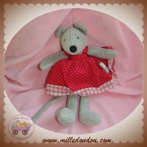 MOULIN ROTY SOS DOUDOU SOURIS GRISE ROBE ROUGE A POIS 20 cm