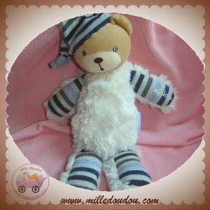 KALOO SOS DOUDOU OURS BEIGE CORPS POIL BLANC BONNET RAYE GRIS BLEU BOHEME