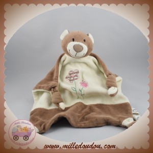 PLAYKIDS CMI SOS DOUDOU OURS PLAT ECRU MARRON CHOCOLAT FLEURS CALIN