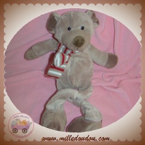 MAXITA SOS DOUDOU OURS GRIS MARRON ECHARPE RAYE ROUGE TAUPE