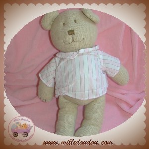 JACADI SOS DOUDOU OURS BEIGE CHEMISIER RAYE BLANC ROSE